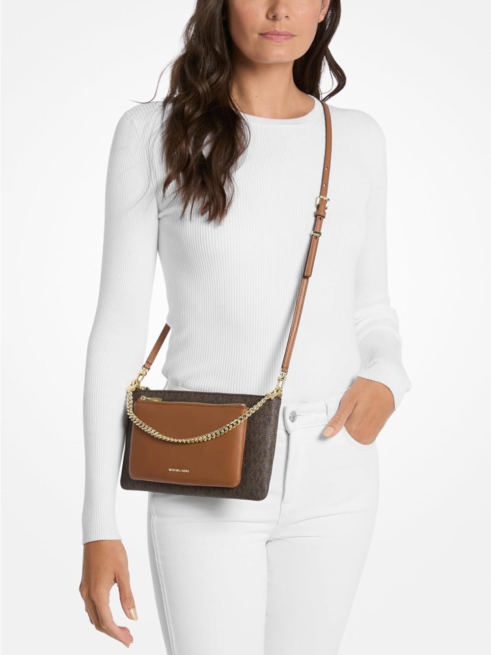 Michael Kors Brown Logo Tan Jet Set Crossbody Front Pocket & Gold Chain - New - Picture 3 of 5